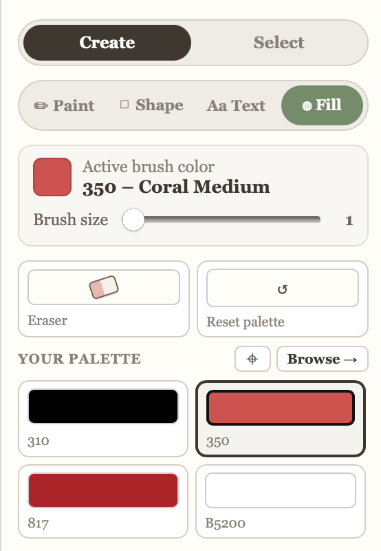Create tab, Fill sub-tab, clicking a region to fill it with the active colour
