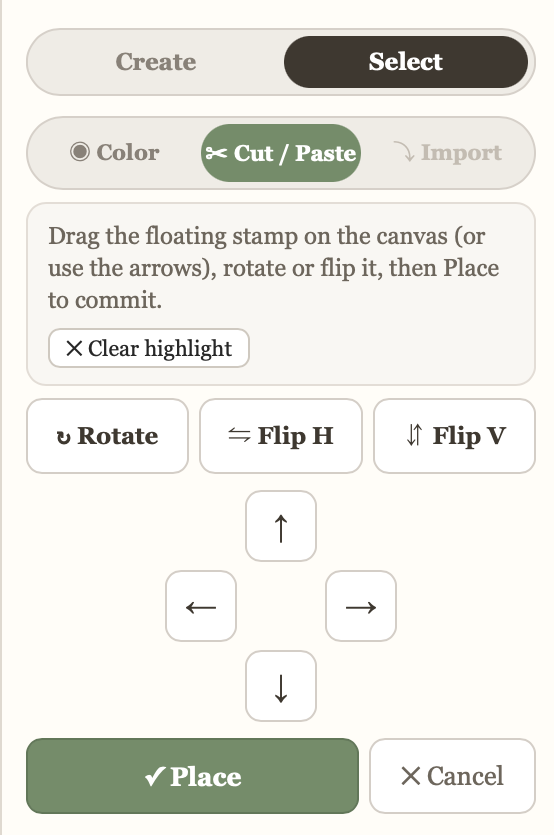 Select tab, Cut / Paste sub-tab, with Rotate, Flip H, Flip V, and directional controls