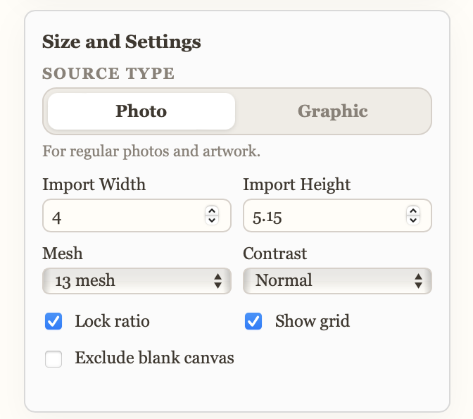 The Size and Settings panel, with Source Type, Import Width/Height, Mesh, and Contrast
