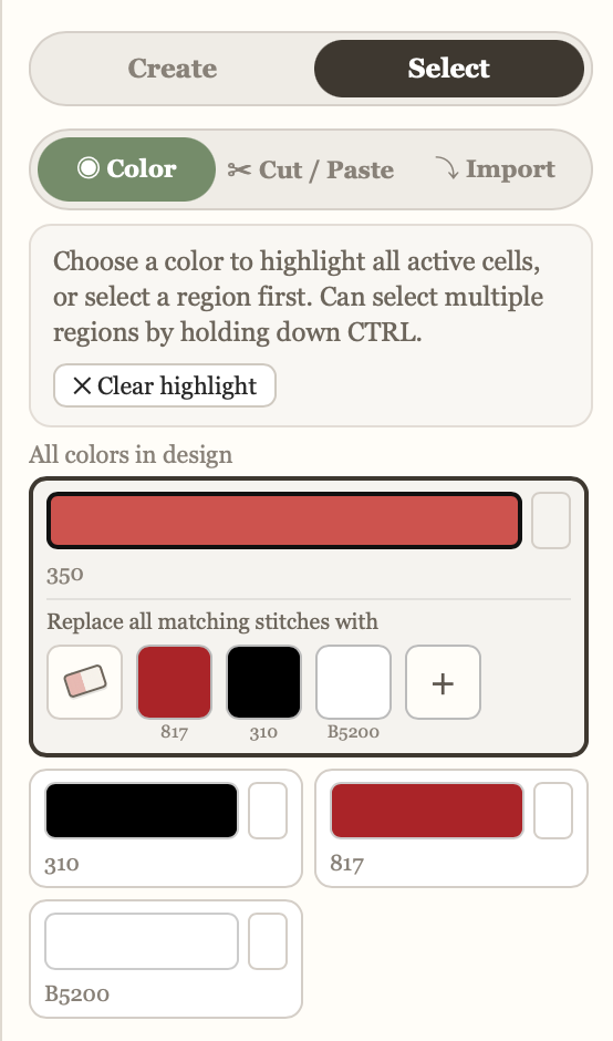 Select tab, Color sub-tab, highlighting a colour to replace it across the design