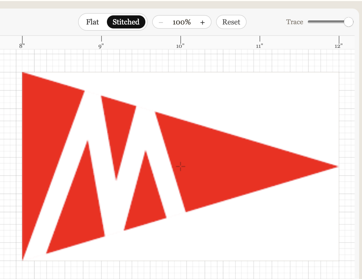 The stitched preview with the Trace slider in the top right